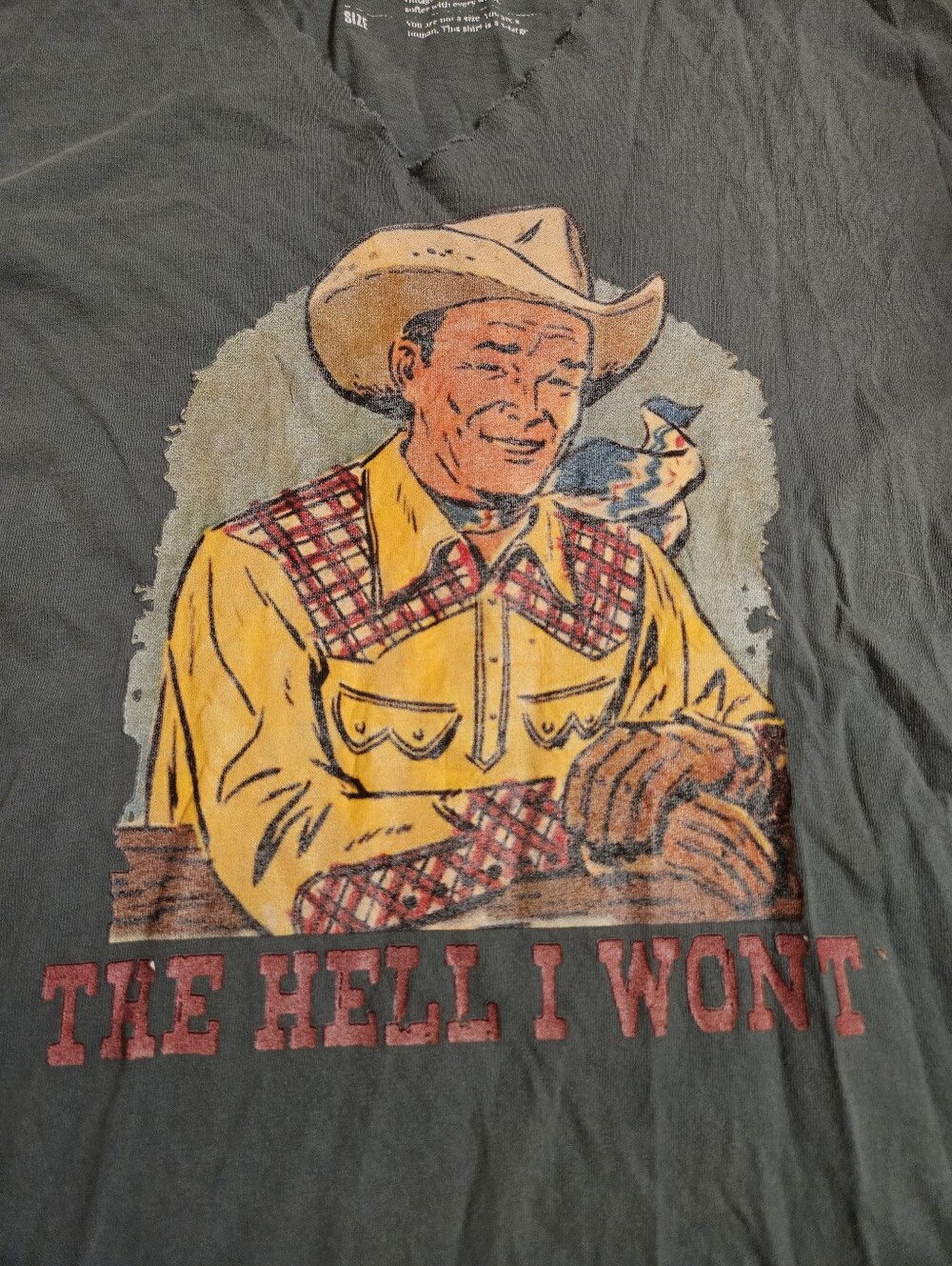 Pebby Forevee Womens Graphic Tee – Yellow Cowboy Print "The Hell I Won't"